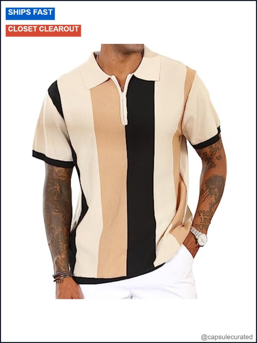 Men's Vintage Striped Polo Shirt Slim Fit Short Sleeve Knit Golf Tops